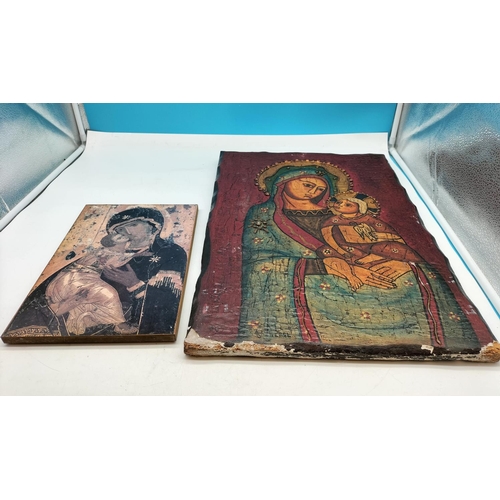 180A - 2 x Religious Icon Pictures in the Byzantine Style. One Hand Painted on Plaster and Board and One Mo... 