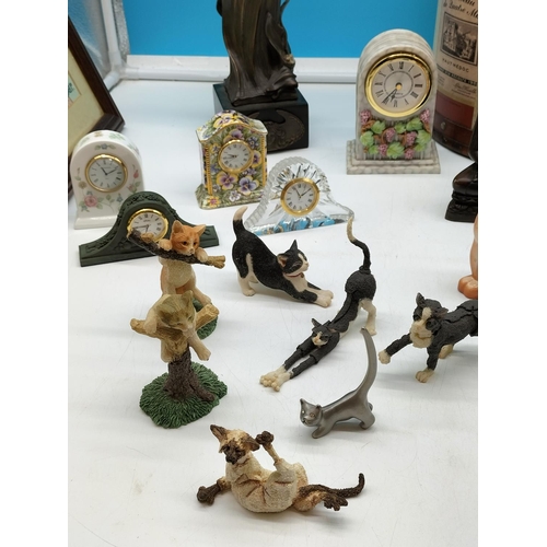 220A - Collection of Mixed Clocks, Cat Figurines, Paperweights, etc