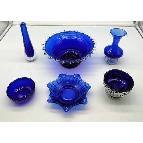 231 - 6 Pieces of Cobalt Blue Glass to include Vases, Bowls, etc. Largest Bowl 10cm High, 23cm Diameter.