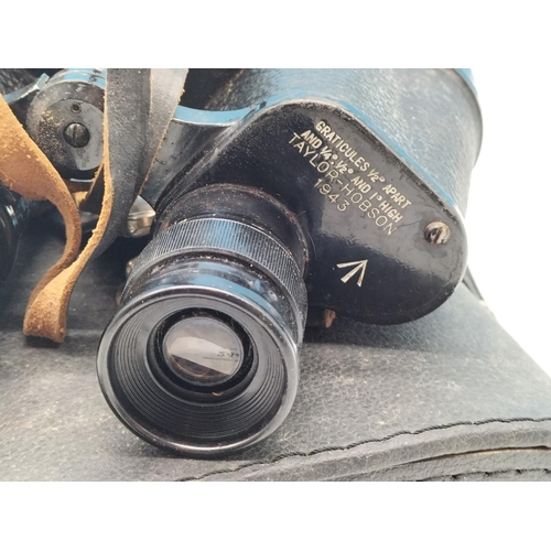 244 - Taylor Hobson WWII (1943) Binoculars with Case. Focus OK. Slight Lens Mould to 1 Lens.