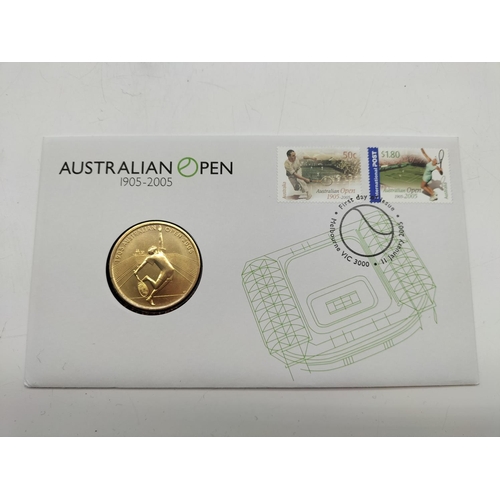 264 - Australian Open 5 Dollars Uncirculated Commemorative Coin and Stamps. 1905-2005. Plus Stamp Pack.