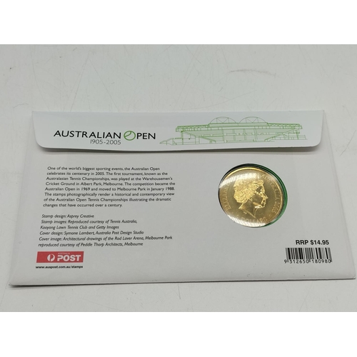 264 - Australian Open 5 Dollars Uncirculated Commemorative Coin and Stamps. 1905-2005. Plus Stamp Pack.