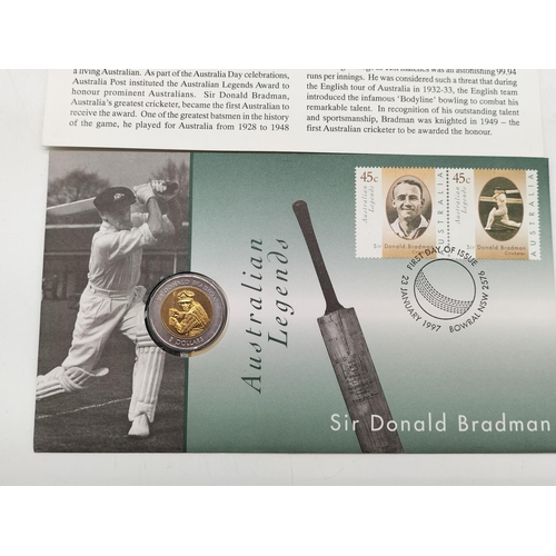 287 - Australian Legends 'Sir Donald Bradman' Uncirculated 5 Dollars Commemorative Card and Stamps 1997.