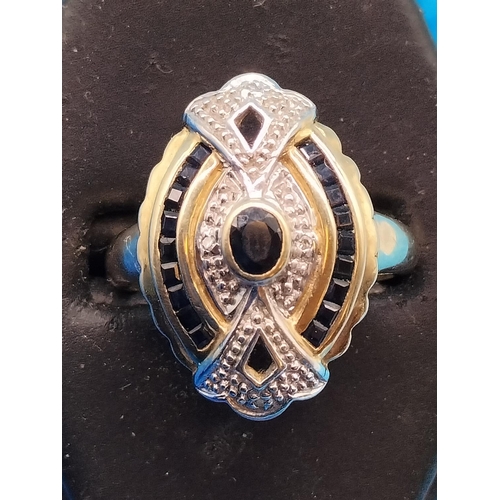 30 - 9ct 375 Gold (Birmingham Hallmark) Diamond Chip and Sapphire Art Deco Style Ring. Size M. 4.5 Grams.