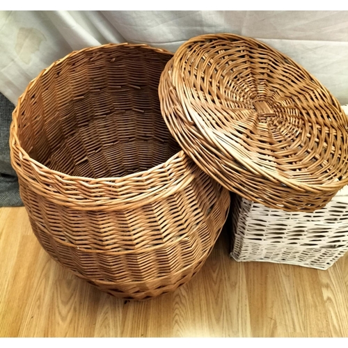 309 - Two Lidded Wicker Laundry Baskets Plus Two Irons. One New, One Open but Unused. Largest Laundry Bask... 