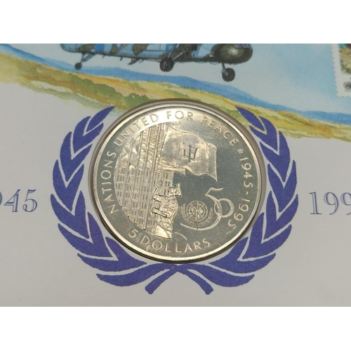 339 - Barbados Nations United for Peace 50th Anniversary Uncirculated 5 Dollars Commemorative Coin and Sta... 