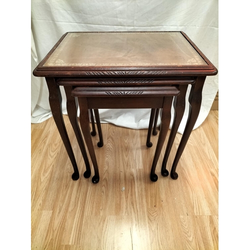 405 - Nest of 3 Wooden Tables with Leather and Glass Tops. Largest being 56cm high, 53cm x 41cm. Collectio... 