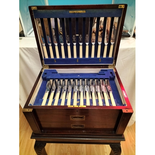 406 - 19th Century Cutlery Cabinet on Stand with Flush Brass Fittings complete with Cutlery. 102cm High, 4... 