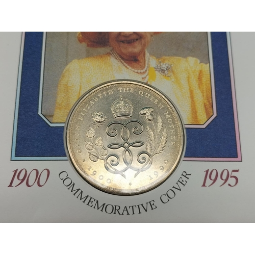 447 - Queen Mother 95th Birthday Uncirculated £5 Commemorative Coin and Stamps 1900-1995.