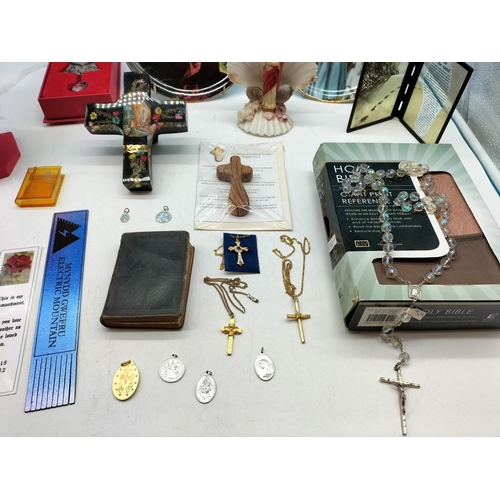 455 - Collection of Religious Items to include Bibles (Welsh Edition), Figures, Jewellery, Plates, etc.