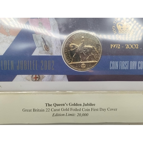 485 - The Queen's Golden Jubilee 1952-2002 Uncirculated 22Carat Gold Foiled £5 Commemorative Coin and Stam... 