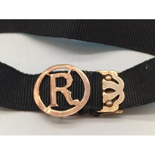 507 - Victorian Silk Ribbon Mourning Bracelet with 9ct Gold Gothic Script Letter 'R'.