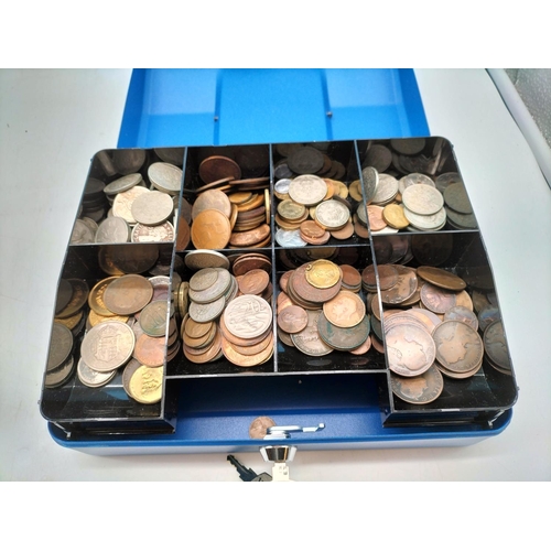 518 - Cash Tin (with Key) plus Quantity of Mixed Coins to include Victorian to Modern.