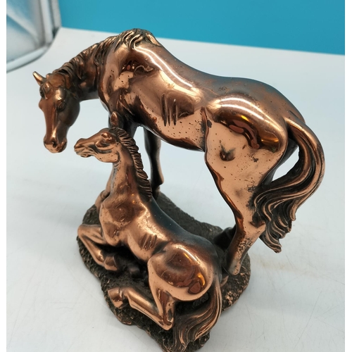 523 - Coppered Resin Horse and Foal Figure. 16cm High x 20cm. Ear A/F.