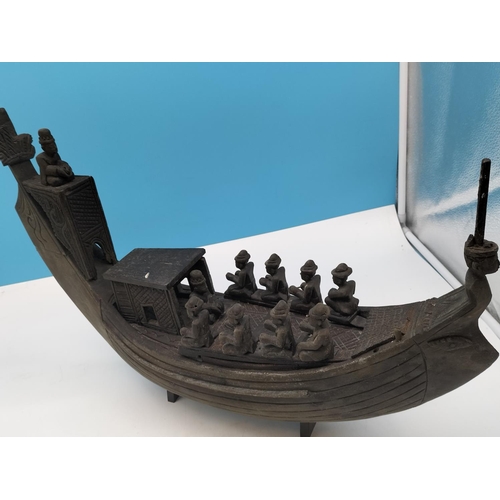 528 - Early 20th Century Wooden Balinese Tribal Boat on Modern Stand. 38cm High, 61cm x 14cm. Slight A/F.