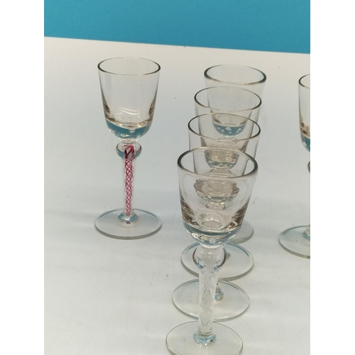 53 - Vintage Hand Blown Twist Stem Liqueur Glasses (6), to include Coloured Examples. 13cm Tall.