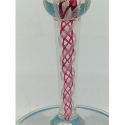 53 - Vintage Hand Blown Twist Stem Liqueur Glasses (6), to include Coloured Examples. 13cm Tall.