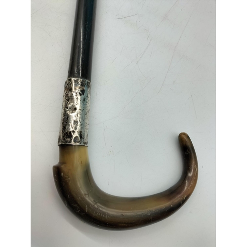 585 - Walking Sticks (3). 2 with Horn and Silver Collars. Longest 89cm.