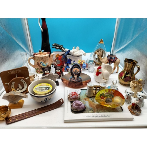 586 - Box of Mixed Pottery and Glass to include Figures, Clocks, Letter Rack, Worksurface Protector, etc.