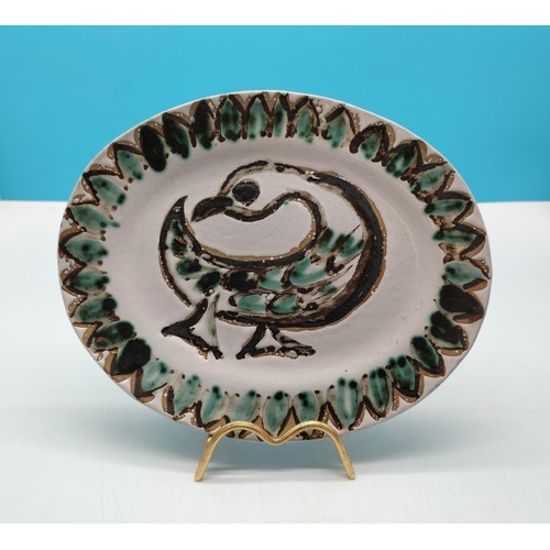 6 - David Jones Studio Pottery Oval Plate with Bird Design. 26cm x 21cm.