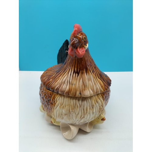 604 - Extra Large 33cm (h) Caldas Pottery (Portugal) Hen Crock. 34cm Long.