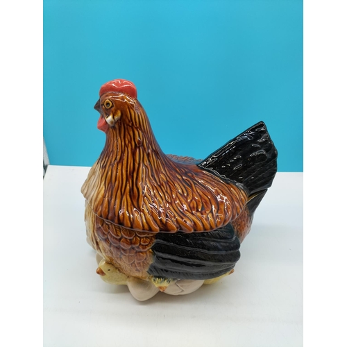 604 - Extra Large 33cm (h) Caldas Pottery (Portugal) Hen Crock. 34cm Long.