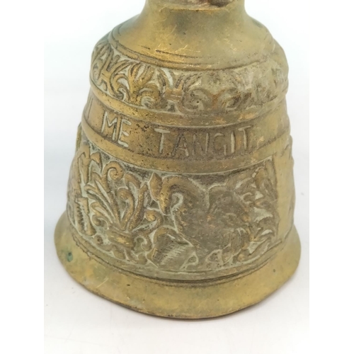 65 - Large Ornate Brass Swing Bell with Chain. 36cm High, Bell Diameter 11cm.