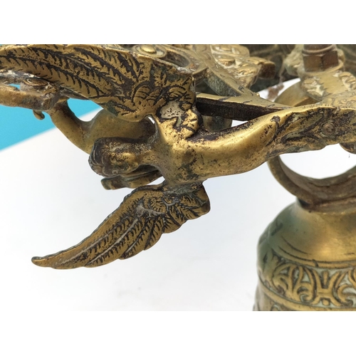 65 - Large Ornate Brass Swing Bell with Chain. 36cm High, Bell Diameter 11cm.