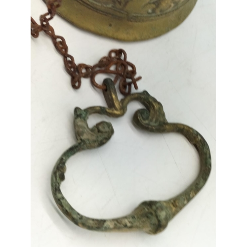 65 - Large Ornate Brass Swing Bell with Chain. 36cm High, Bell Diameter 11cm.