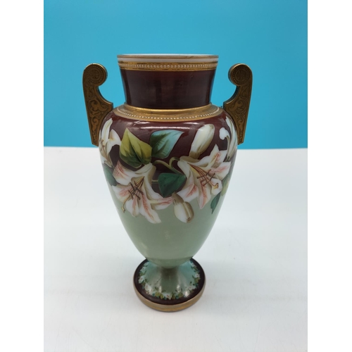 7 - Victorian Opaque Twin Handled 26cm Glass Vase Hand Painted with Hibiscus.