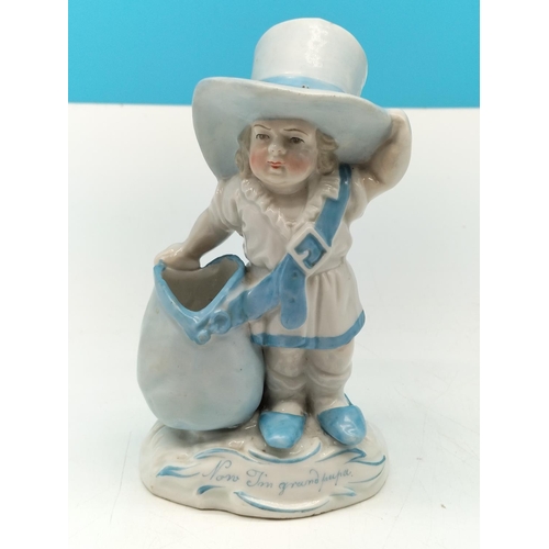 76 - Victorian Continental 14cm Match Vase of a Child with Hat and Bag 'Now I'm Grandpa'. Some Slight Man... 