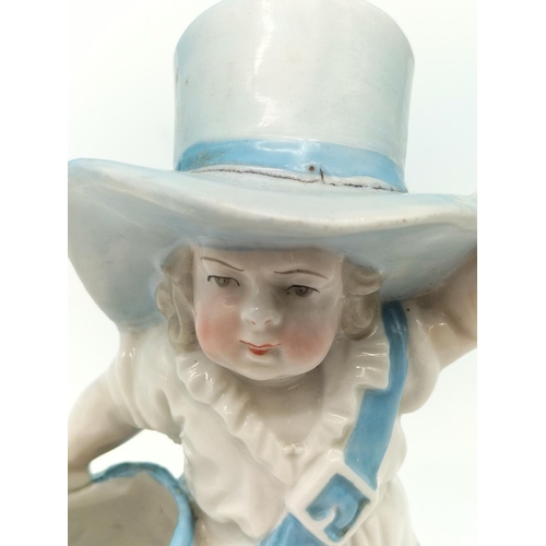 76 - Victorian Continental 14cm Match Vase of a Child with Hat and Bag 'Now I'm Grandpa'. Some Slight Man... 