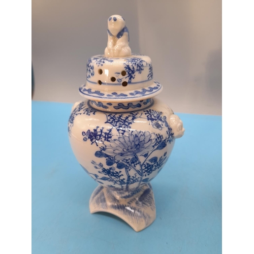 233 - 2 x Japanese Meiji Period Seto Ware Blue and White Floral Pattern Incense Burners. 16cm High.