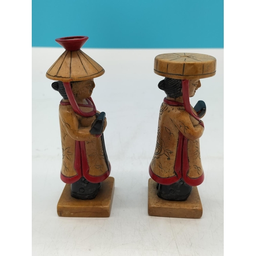 162 - Pair of Carved Stone Oriental 13cm Figures. Slight Nibble to Hat.