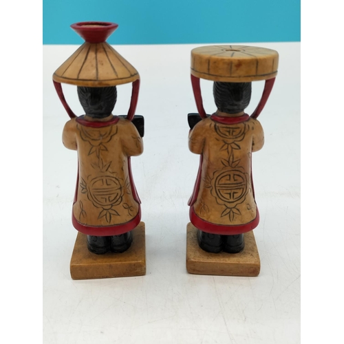162 - Pair of Carved Stone Oriental 13cm Figures. Slight Nibble to Hat.