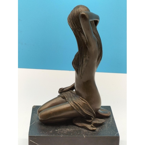 111 - Heavy Bronze Figure of a Semi Naked Lady on Marble Base. 31cm High, 17cm x 13cm.