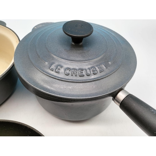 160B - Le Creuset Grey Pan, Marmitout Saucepan and Lidded Saucepan. Largest 22cm.