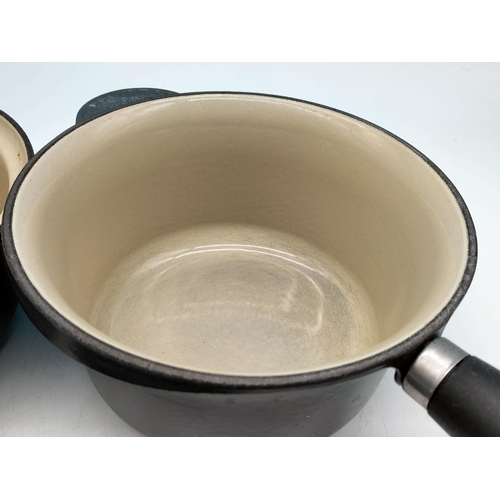 160B - Le Creuset Grey Pan, Marmitout Saucepan and Lidded Saucepan. Largest 22cm.