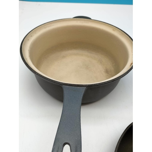 160B - Le Creuset Grey Pan, Marmitout Saucepan and Lidded Saucepan. Largest 22cm.