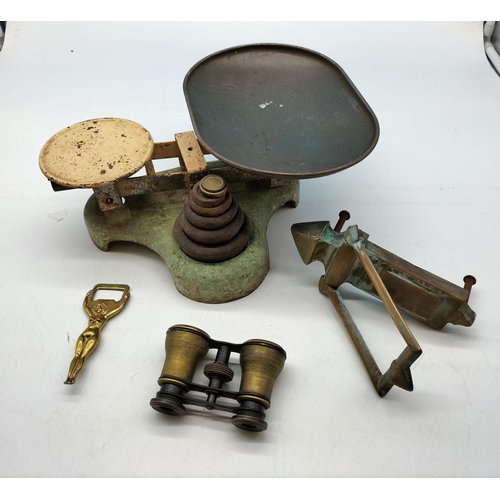 161 - Set of Scales and Weights, Brass Bottle Opener, Brass Door Knocker plus Opera Glasses.