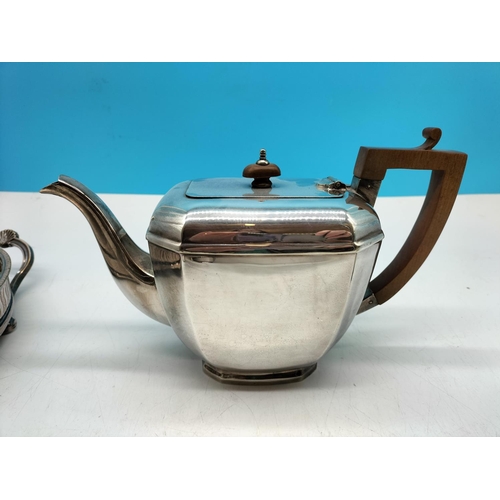 173 - Silver Plate Teapot, Hot Water Pot, Sugar and Cream on a Twin Handled Tray (41cm x 23cm).