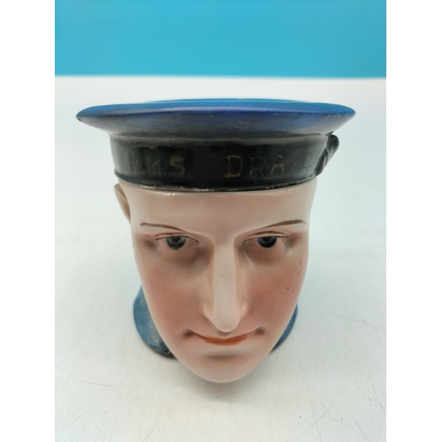 175 - H.M.S. Drake Pot/Tobacco Jar in the Shape of a Sailor's Head. 10cm Tall.