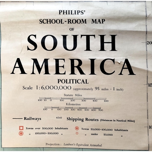 181 - Philips Large School Room Map of South America. 172cm x 122cm. Map Loose at Bottom, Mark on Map.