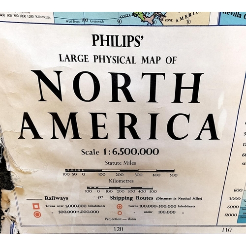 182 - Philips Large School Room Physical Map of North America. 172cm x 122cm. Tear to Side.