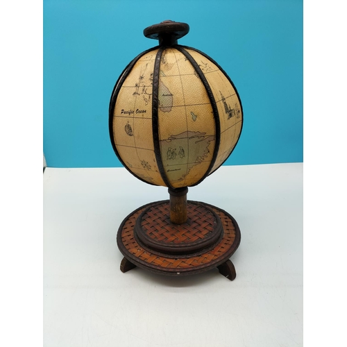 225 - Reproduction Wood and Basket Weave Globe Stand with Leather Globe. 40cm High, 23cm Diameter.