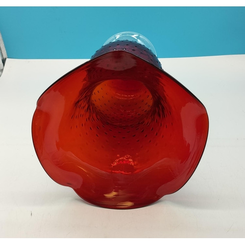 237 - Large 46cm high Flared Rim Red Glass Vase on Clear Footed Base. 24cm Diameter.