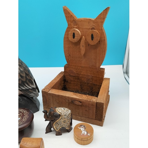 370 - Collection of Wooden Items to include Owls and Boxes, etc. Tallest being 33cm.