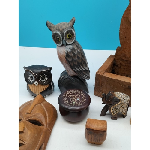 370 - Collection of Wooden Items to include Owls and Boxes, etc. Tallest being 33cm.