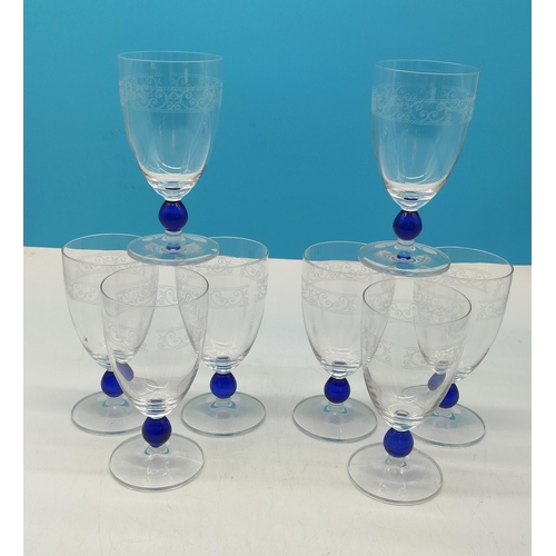 40A - Rare Wedgwood 'Sarah's Garden' Etched Blue Stem Wine Glasses (8). 16cm Tall.