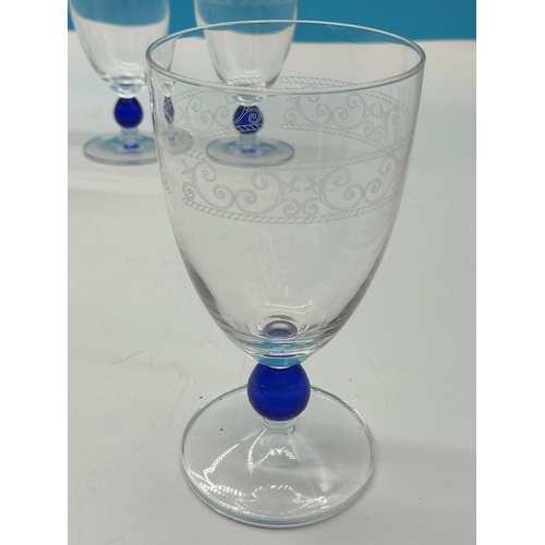 40A - Rare Wedgwood 'Sarah's Garden' Etched Blue Stem Wine Glasses (8). 16cm Tall.